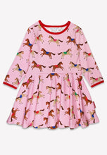 Load image into Gallery viewer, Organic Cotton Kids Long Sleeve Skater Dress, Pink with Horse Print