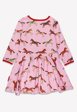 Load image into Gallery viewer, Organic Cotton Kids Long Sleeve Skater Dress, Pink with Horse Print