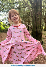 Load image into Gallery viewer, Organic Cotton Kids Long Sleeve Skater Dress, Pink with Horse Print