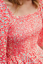 Load image into Gallery viewer, SALE! Was €90 now €64!  RAQUEL MIDI SHIRRED DRESS, RED, RAINBOW DAISIES