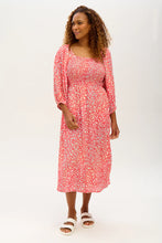 Load image into Gallery viewer, SALE! Was €90 now €64!  RAQUEL MIDI SHIRRED DRESS, RED, RAINBOW DAISIES