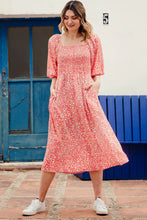 Load image into Gallery viewer, SALE! Was €90 now €64!  RAQUEL MIDI SHIRRED DRESS, RED, RAINBOW DAISIES