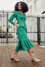 Load image into Gallery viewer, Siti Shirred Midi Dress - Green, Micro Star Confetti

