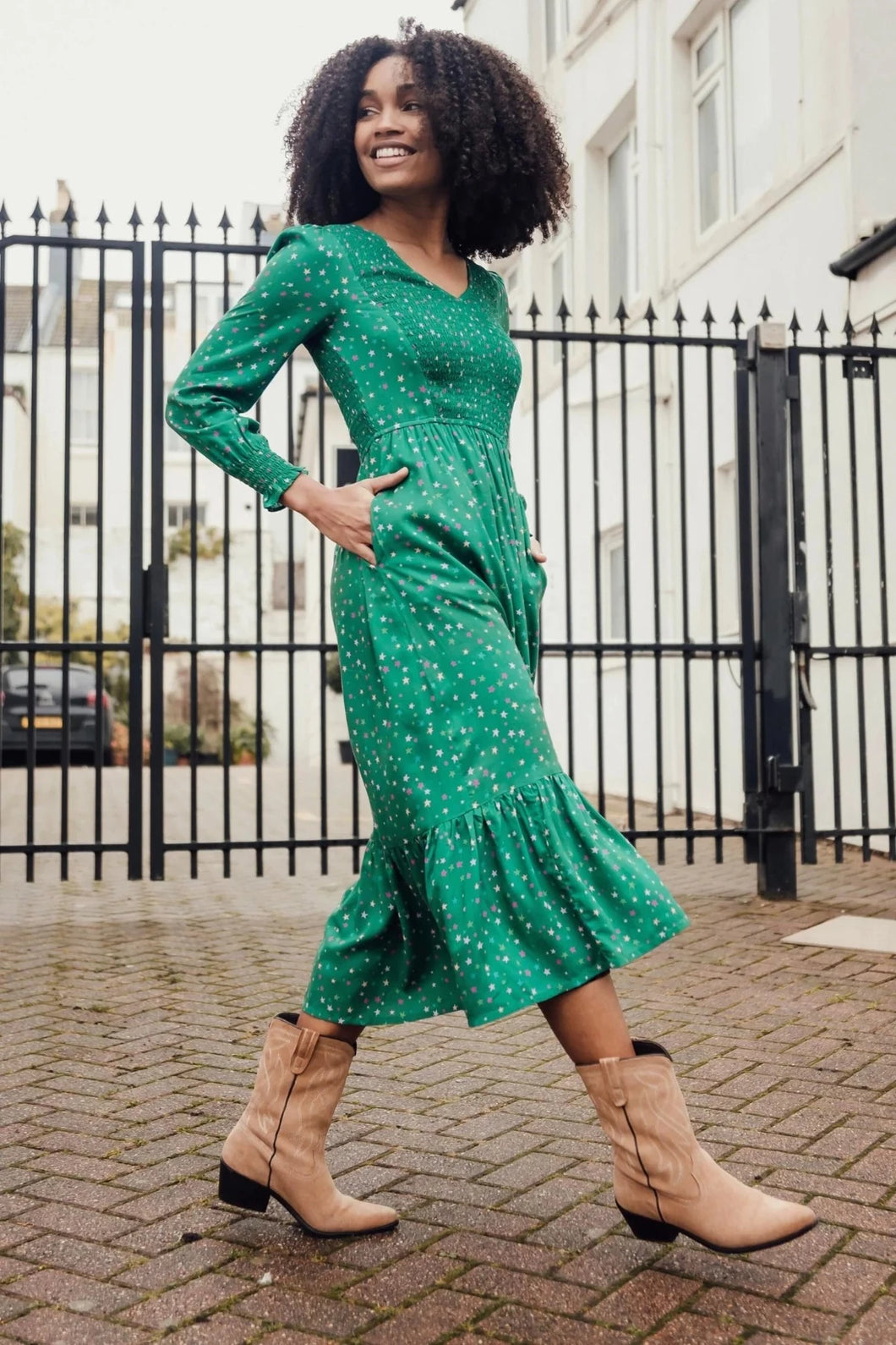 Siti Shirred Midi Dress - Green, Micro Star Confetti