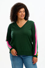 Load image into Gallery viewer, Libby V-Neck Jumper - Green, Sports Stripe
