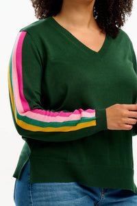 Libby V-Neck Jumper - Green, Sports Stripe