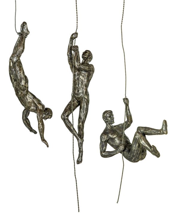 Set of 3 Antique Dark Bronze Abseiling Men Wall Sculptures