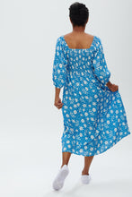 Load image into Gallery viewer, RAQUEL SHIRRED DRESS, BLUE, VINTAGE BLOCK FLORAL
