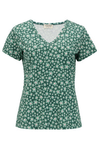 EVA V-NECK T-SHIRT, DARK GREEN, FIELD OF DAISIES