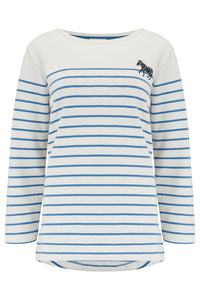 BRIGHTON JERSEY TOP, OFF-WHITE/BLUE, ZEBRA EMBROIDERY