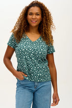 Load image into Gallery viewer, EVA V-NECK T-SHIRT, DARK GREEN, FIELD OF DAISIES
