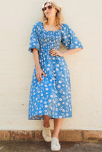 Load image into Gallery viewer, RAQUEL SHIRRED DRESS, BLUE, VINTAGE BLOCK FLORAL
