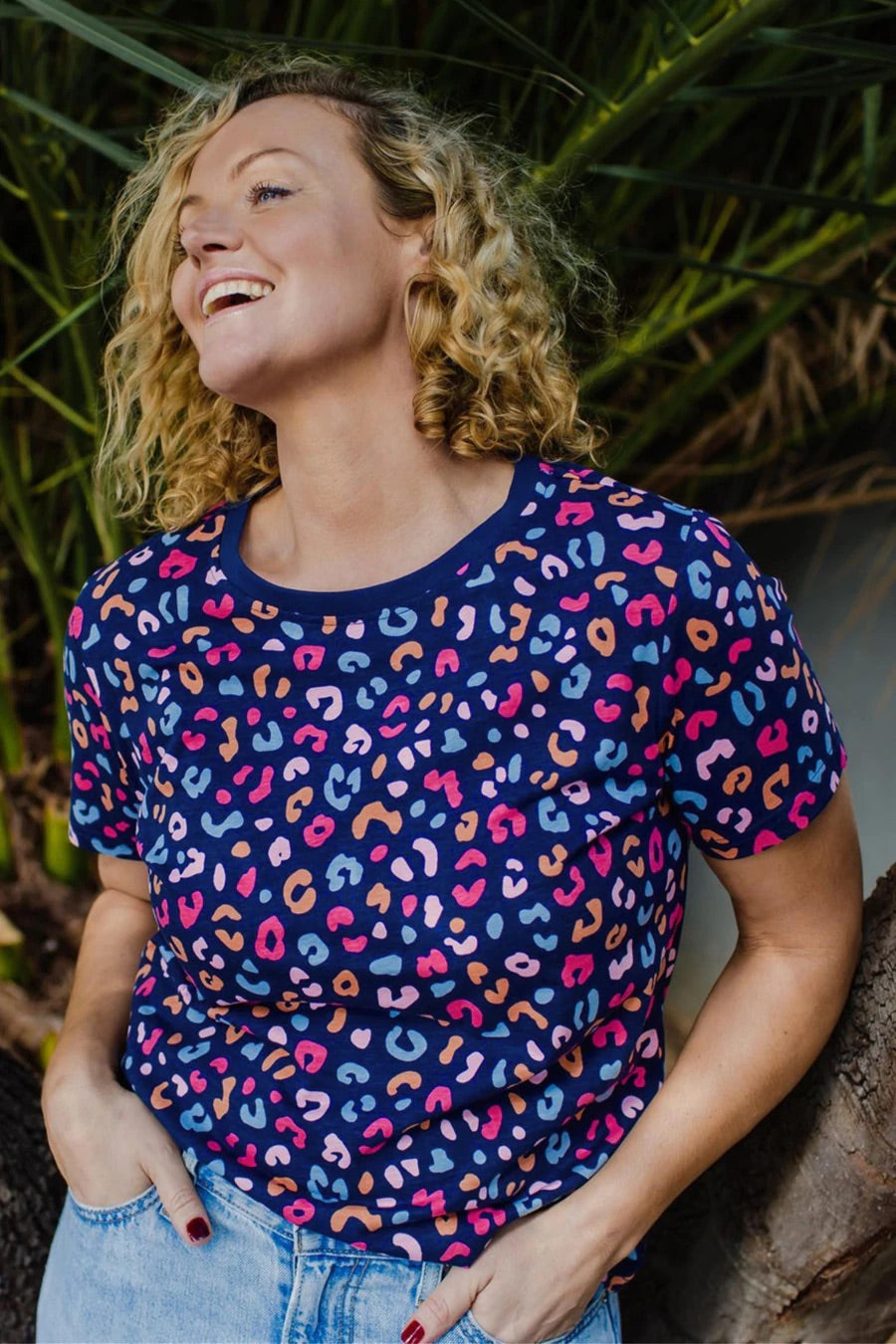 Maggie T-shirt - Bright Navy, Summer Leopard Print